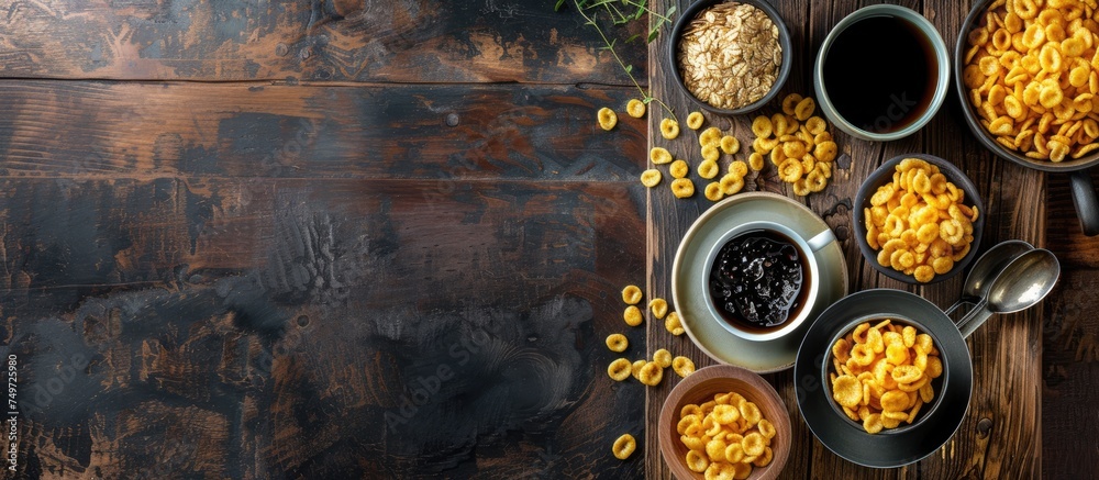 A top-down view of a wooden table displaying bowls filled with creamy macaroni and cheese, creating a comforting and indulgent meal.