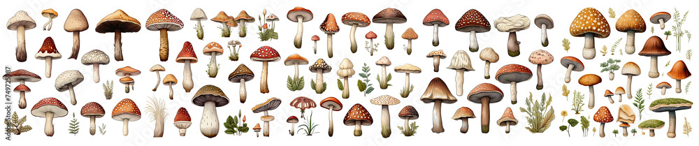A refined set of watercolor mushroom illustrations, showcasing elegant watercolor techniques, isolated on a transparent PNG background for versatile use.
