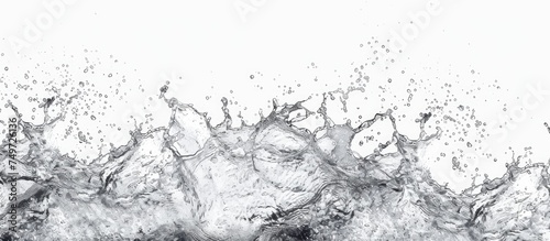 A striking black and white composition capturing the energy and movement of water splashing on an isolated white background. The droplets create a mesmerizing pattern as they collide and scatter.