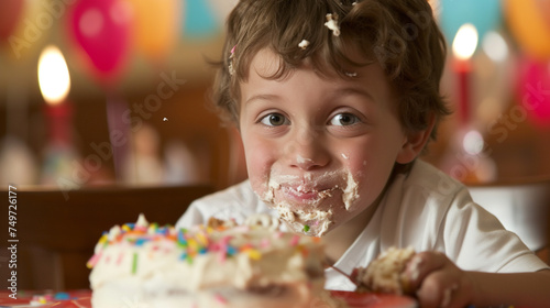 A little child smiling mischievously at the camera while greedily devouring his birthday cake, his face smeared with frosting