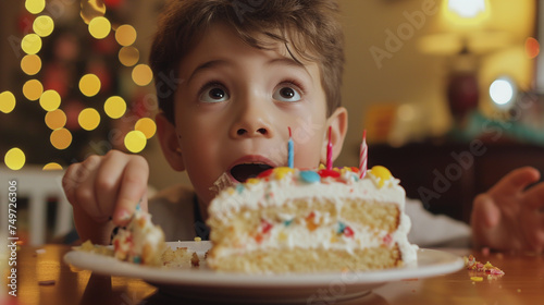 A young boy eagerly reaching for a slice of birthday cake  his mouth watering as he looks towards the camera with anticipation