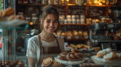 Broad view of the happy pastry shop owner. Generative Ai. © Planum