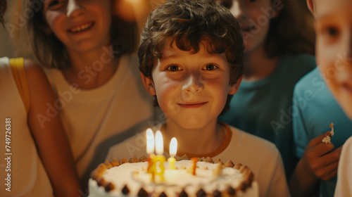 A young boy surrounded by friends and family, holding a birthday cake with excitement, his eyes shining with joy as he gazes at the camera