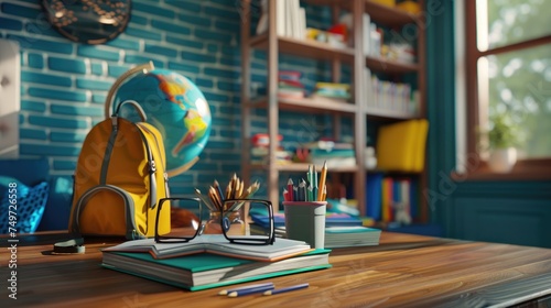 Children's bedroom with books, a globe, a wooden desk, and a rucksack. Generative Ai.