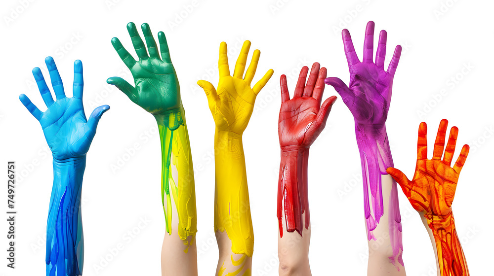 A lot of hands are raised ? up smeared in multicolored, colored paints on a white transparent background. People's hands are raised in the air. Without faces. A lot of hands are raised ? up smeared in multicolored, colored paints on a white transparent background. People's hands are raised in the air. Without faces.