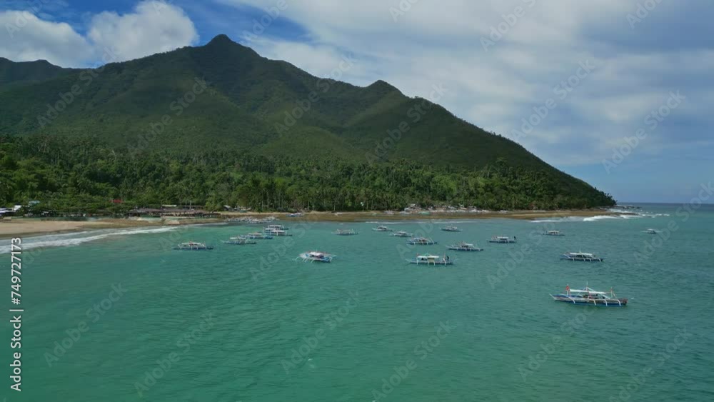 Aerial around view of beach and traditional Philippines boats in sea, tropical landscape, 4k Aerial around view of beach and traditional Philippines boats in sea, tropical landscape, 4k