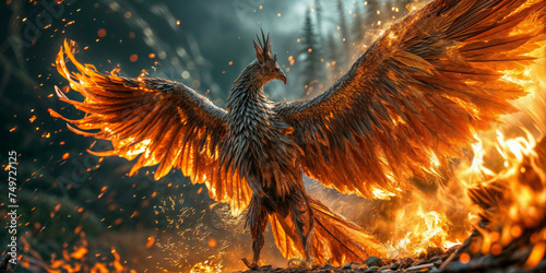 The golden eagle with fire on the background of a forest and mountains