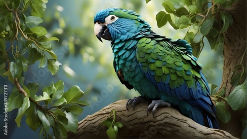 parrot sits on the branch,"A wise parrot perched atop a tree, its feathers a blend of deep blues and greens, symbolizing the connection between wisdom and nature."