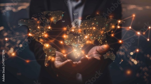 Digital technology, businessman holding Global network connection. Big data analytics and business intelligence. World map point and line composition of global business. innovation © pinkrabbit