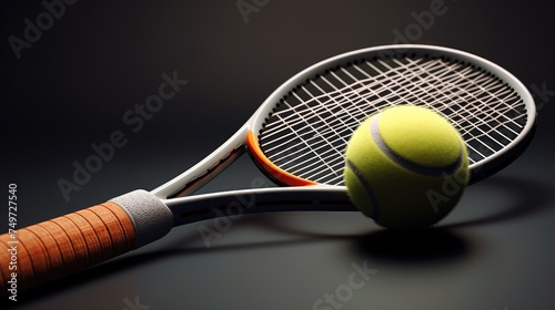 Photo of tennis racket and ball isolated on black © andri