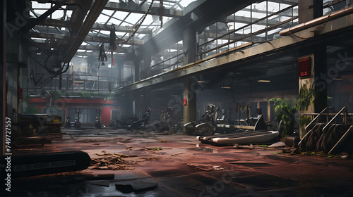 A gym with a post-apocalyptic wasteland theme, featuring rugged workouts and dystopian decor.