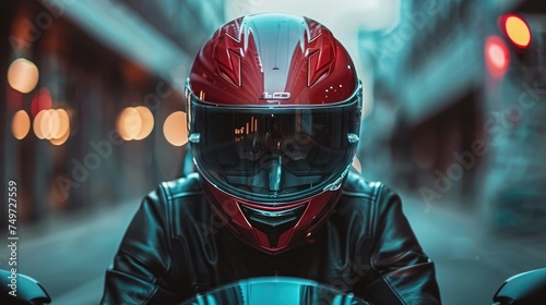 A motorcycle-riding man with a helmet. Generative Ai. photo