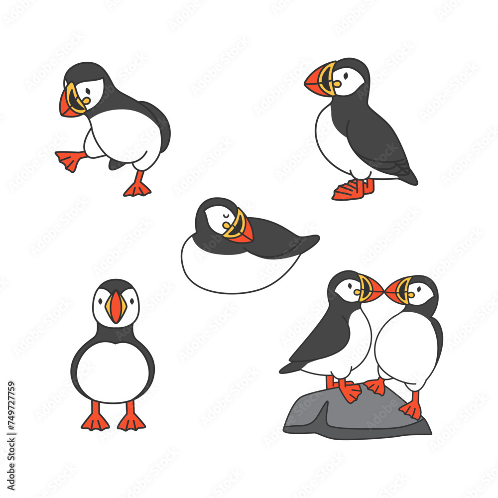 Obraz premium Puffin vector illustration. Set of cute cartoon penguins.