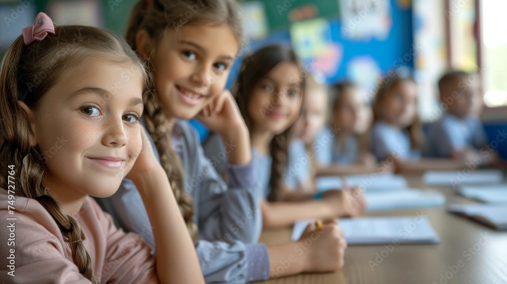 Obraz premium primary elementary school group of children studying in the classroom. learning and sitting at the desk. young cute kids smiling, high quality photo