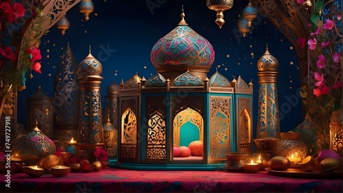 "Experience the vibrant colors and intricate patterns of traditional Ramzan decorations, brought to life in a stunning digital rendering."