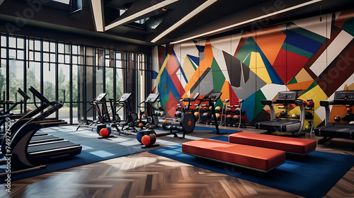 A gym with a postmodern Aesthetic, incorporating eclectic and avant-garde decor. photo