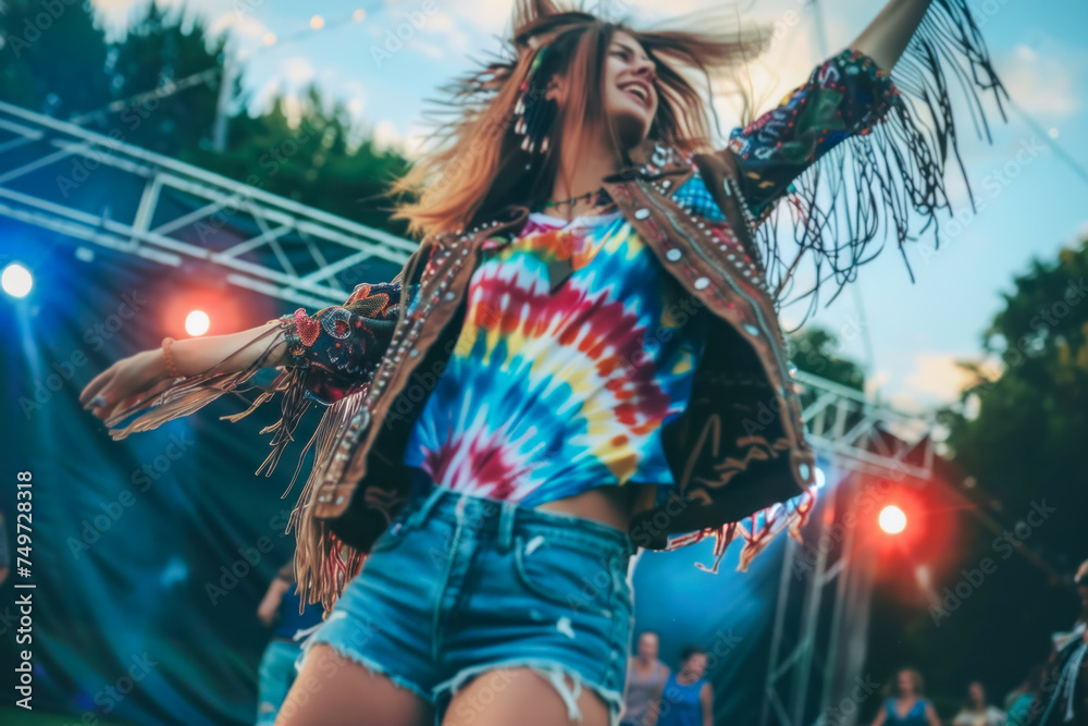  Festival Joy - Exuberant Woman Dancing at Outdoor Concert in Tie-Dye