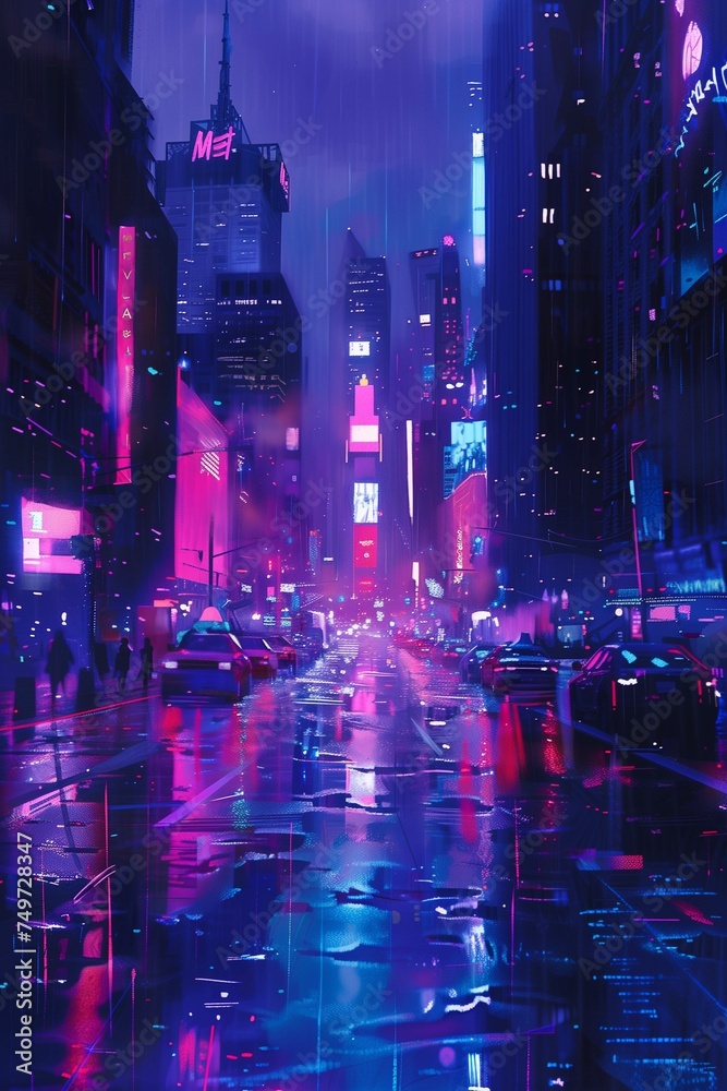 Fototapeta premium Poster with a night big city in the cyberpunk style. Neon lights. Interior poster.