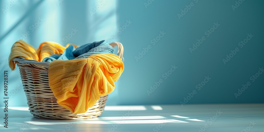 Sunlit clothes for washing in basket on the blue background. Clean laundry after washing in a basket. Banner with spring cleaning and laundry concept. Copy space. - obrazy, fototapety, plakaty 