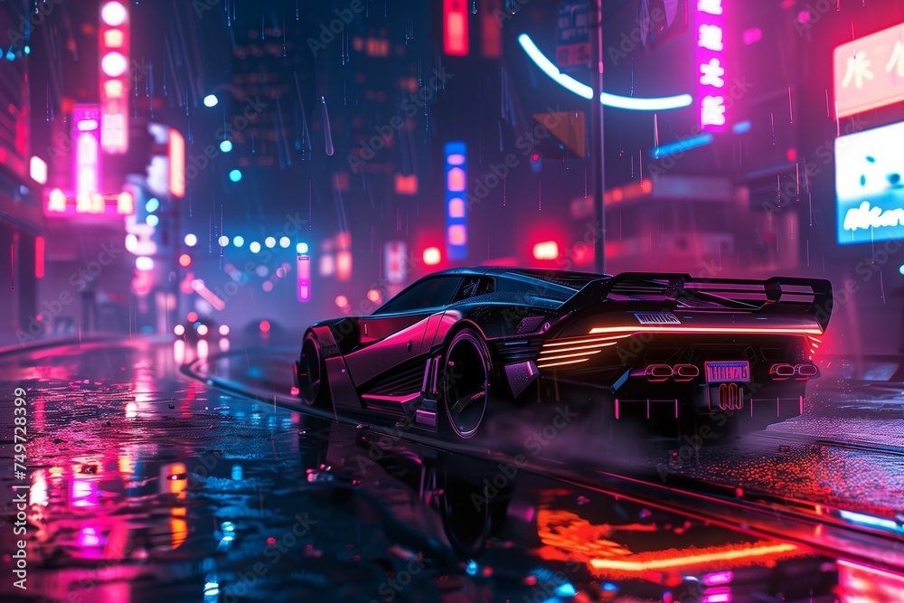 Poster with a sport car on the road in the night big city in the cyberpunk style.  Neon lights. Interior poster.
