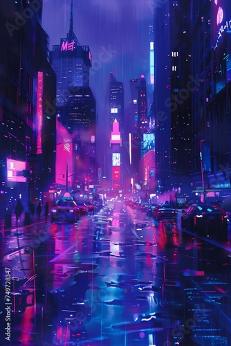 Poster with a night big city in the cyberpunk style.  Neon lights. Interior poster.
