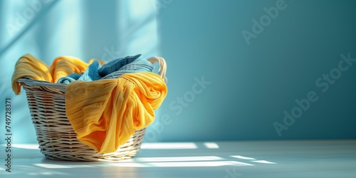 Sunlit clothes for washing in basket on the blue background. Clean laundry after washing in a basket. Banner with spring cleaning and laundry concept. Copy space. photo