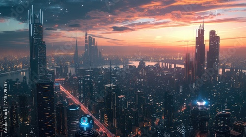 Digitally enhanced image illustrating a bustling smart city network with glowing connections and data points over an urban skyline. AIG41