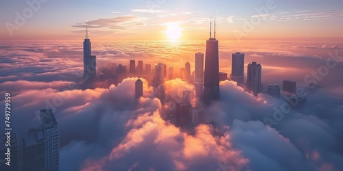 Architecture designed skyscrapers piercing the clouds, captured from a high angle in the morning sunlight