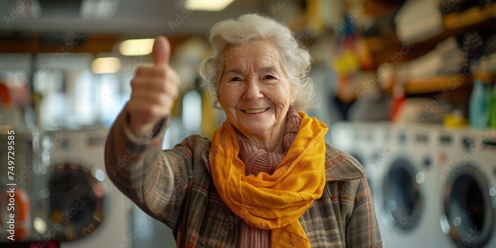 Happy Smiling Elderly woman maid taking a thumbs up in the laundry shop