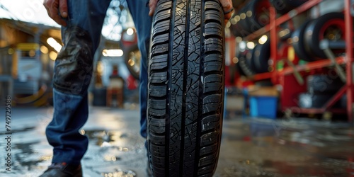 Mechanic holding the new tire on garage car tire service shop background, copy space