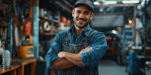 Smiling auto young men mechanic in mechanic's uniform standing with arms crossed in auto repair service garage