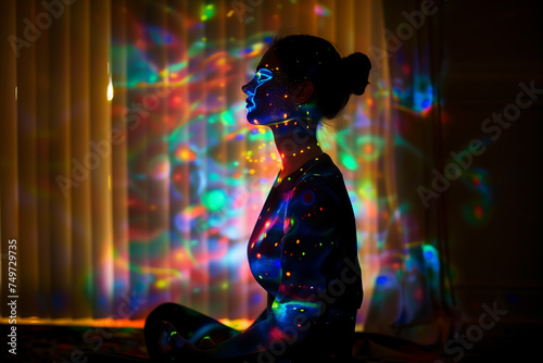 Young woman practicing yoga in the lotus position with colorful lights on background,Silhouette of a woman practicing yoga at home with colorful lights