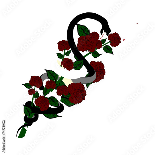 White and black snakes wrapped around roses