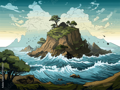 Digital oil paintings sea landscape, waves crashing on the rocks.Fine art	