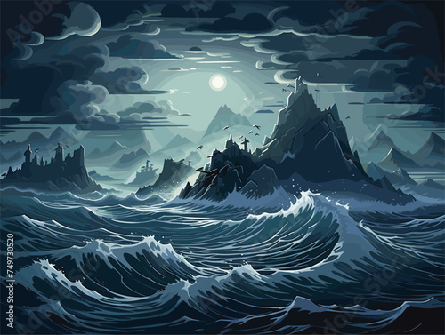 Digital oil paintings sea landscape, waves crashing on the rocks.Fine art	