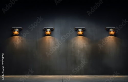 wall with lights on it and one of them has a yellow light on it