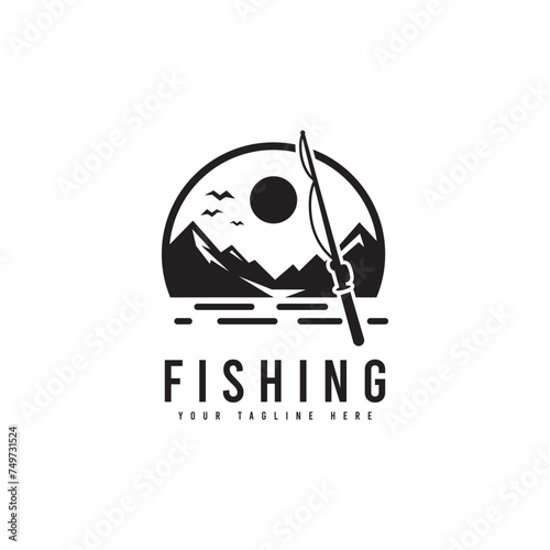 Fishing logo in minimalist style. vector fishing rod and fish silhouette. Suitable for fishing, hobby or beach travel logos.