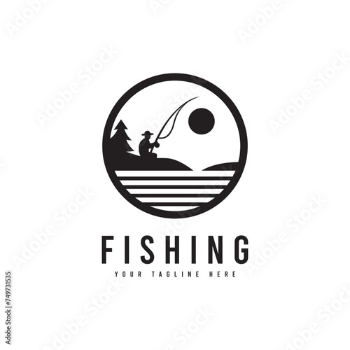 Fishing logo in minimalist style. vector fishing rod and fish silhouette. Suitable for fishing, hobby or beach travel logos.