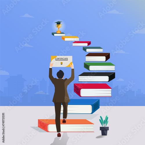 Man going up book stairs with holding certificate. Graduated and successful concept vector illustration