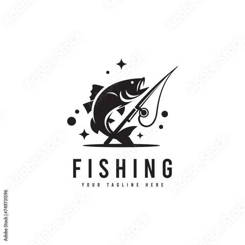 Fishing logo in minimalist style. vector fishing rod and fish silhouette. Suitable for fishing, hobby or beach travel logos.
