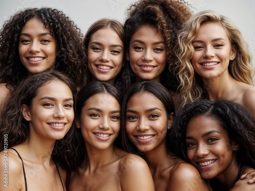Portrait of diverse or multi-ethnic group of beautiful women or friends with natural beauty and glowing smooth skin for skincare and cosmetic campaign