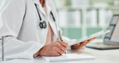Doctor, hands and writing with notebook or tablet for prescription, schedule or results at office. Closeup of person or medical employee taking notes with technology for script or diagnosis on desk photo