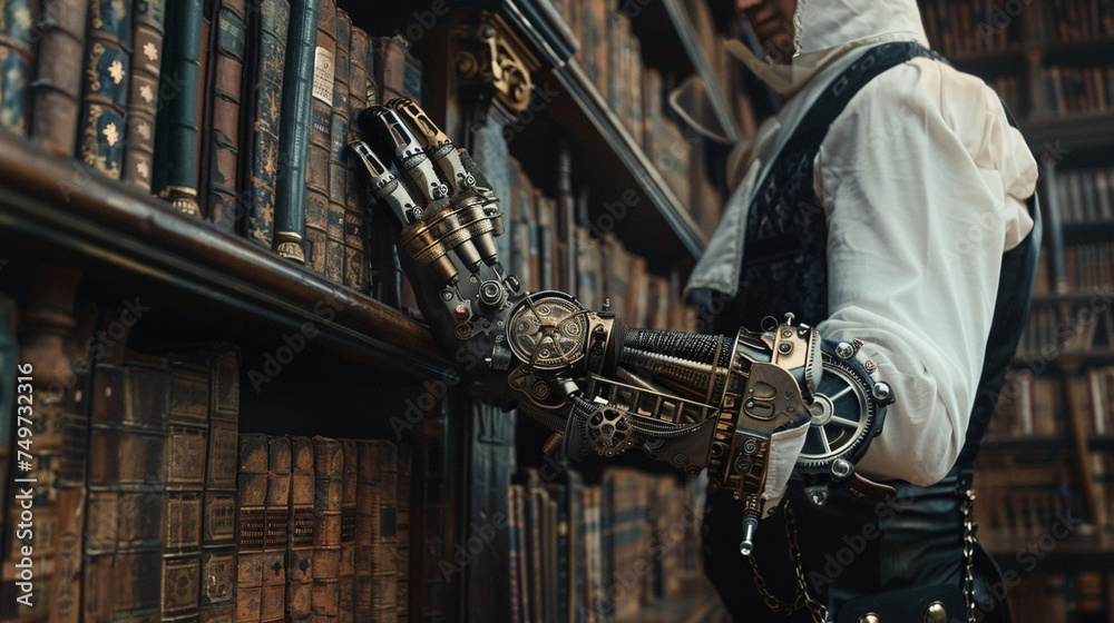 Photography of someone with a steampunk-inspired metal prosthetic arm, adorned with gears and steam pipes, posing in an antique library