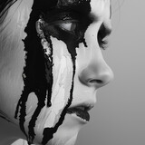Portrait photography of a face with stark black and white fluid tears, creating a striking contrast