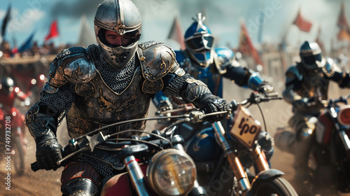 Surreal portrayal of a motorcycle jousting tournament, where riders don medieval armor, merging past and present