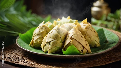 a plate of typical Indonesian rice ketupat photo