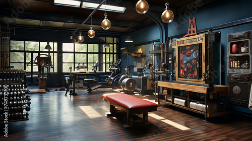 A gym with a vintage garage theme, using automotive memorabilia and gym equipment made from repurposed car parts. photo