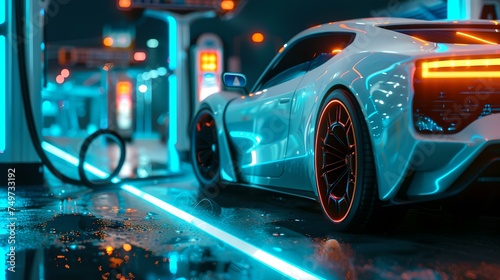Sleek futuristic sports car under neon city lights. conceptual design, modern style. ideal for urban and technology themes. AI