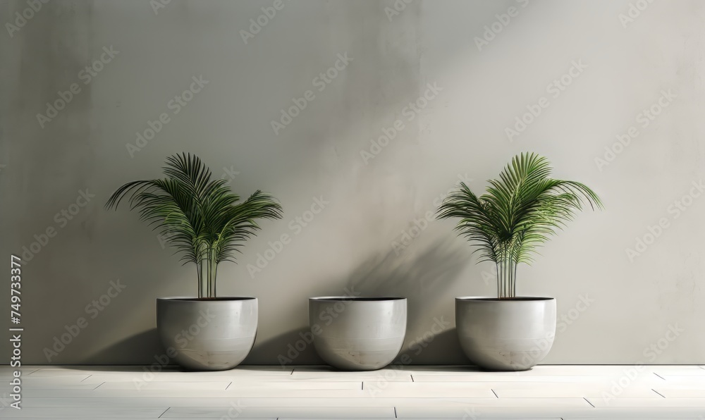 Elegant design of palm pots arranged near a smooth wall with natural lighting Elegant design of palm pots arranged near a smooth wall with natural lighting