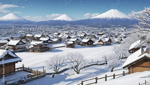 Anime-style illustration scenery of the Japanese countryside with snow falling